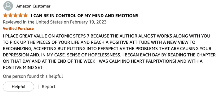 Verified Amazon Customer Review for Atomic Steps book highlighting positive mindset transformation.