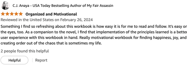 Amazon review of My Atomic Steps Workbook by USA Today Bestselling Author C.J. Anaya, praising its motivational and organized approach.