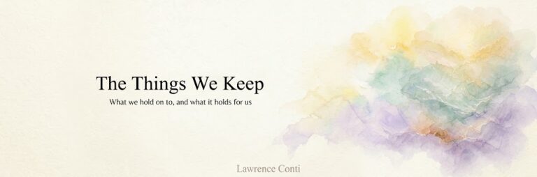 Soft watercolor layers in cream, blue and lilac, from the essay The Albums We Never Open