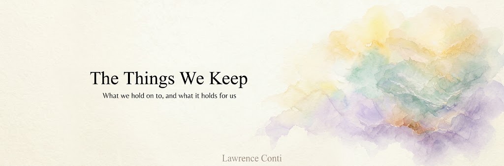 Soft watercolor layers in cream, blue and lilac, from the essay The Albums We Never Open